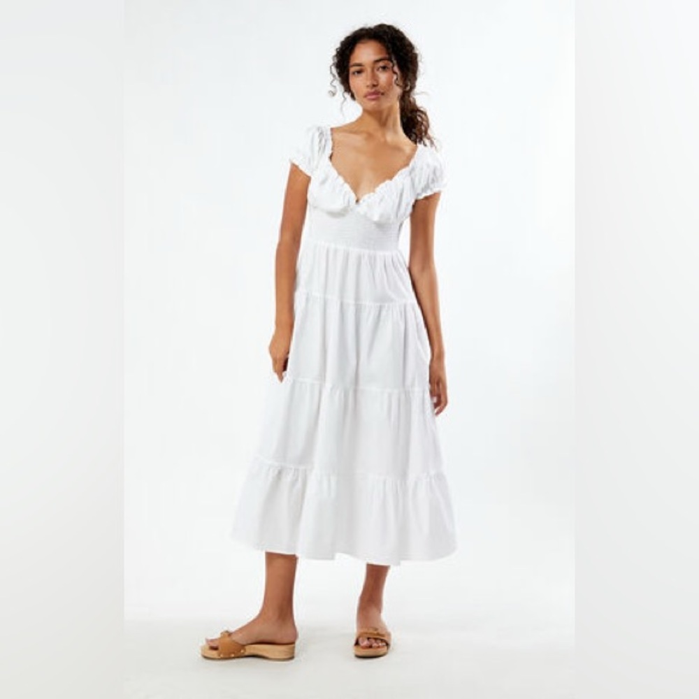 White Puff Sleeve Smocked Midi Tiered Dress